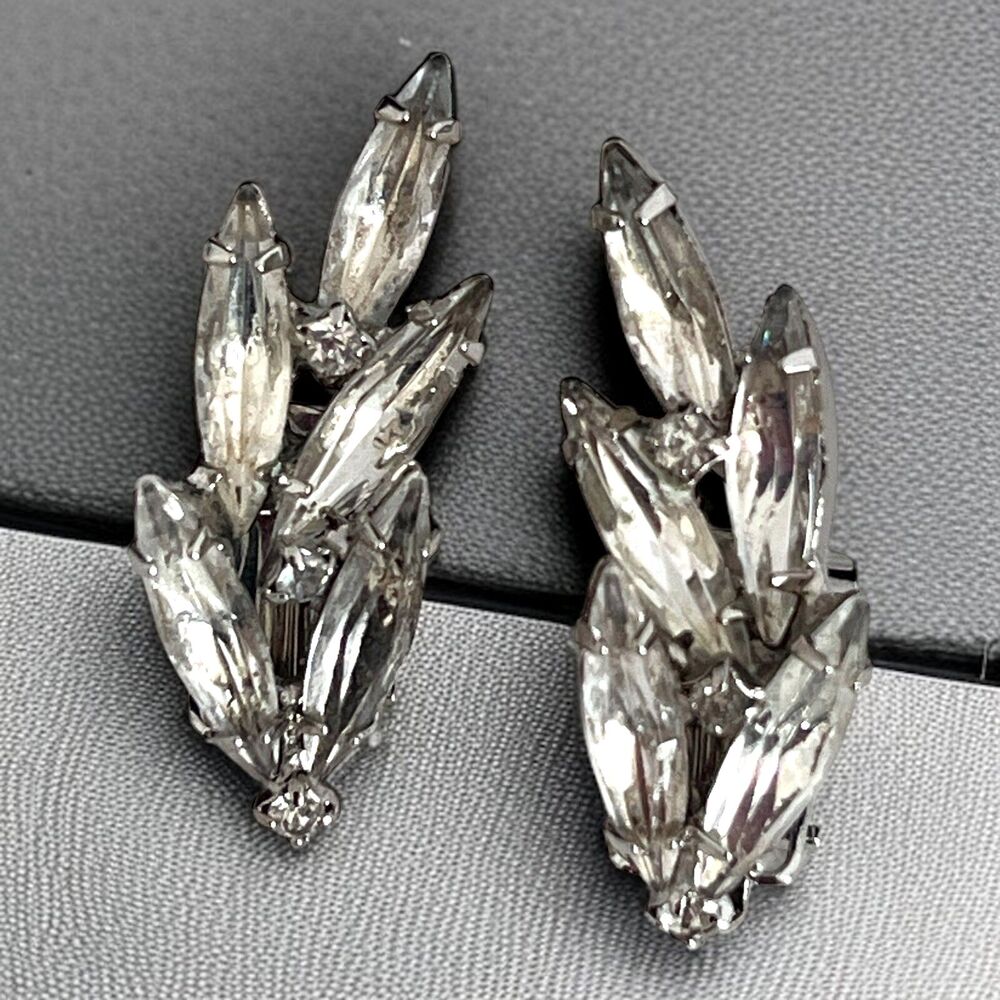 Vintage 1960s Rhinestone Clip Earrings Navette Cluster Silver Tone - 9U